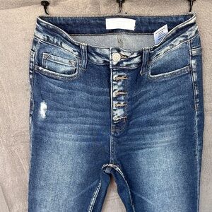 Vervet High rise button-up, distressed front, crease line ankle skinny jeans.